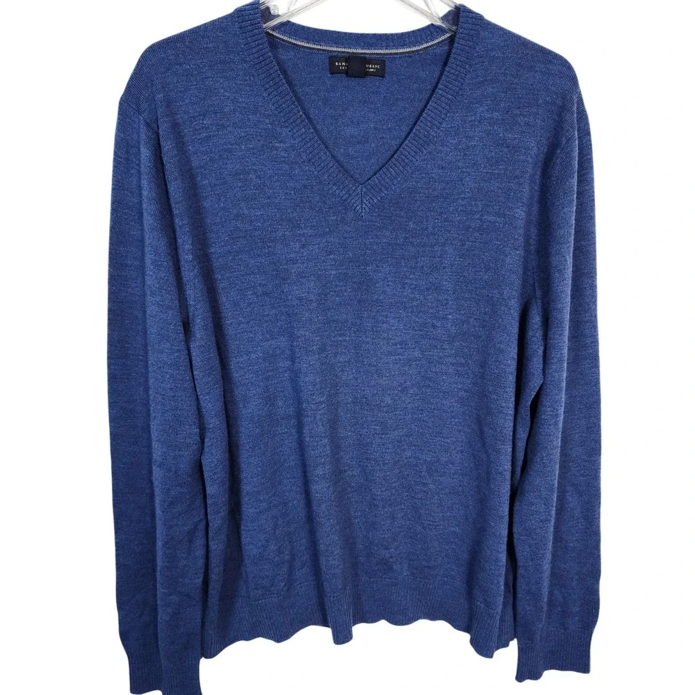 Banana Republic Extra Fine Merino Wool V-Neck Sweater Blue Mens XL‎ Preppy